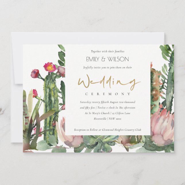 ELEGANT BOHO PINK FLORAL CACTI FOLIAGE WEDDING INVITATION (Front)