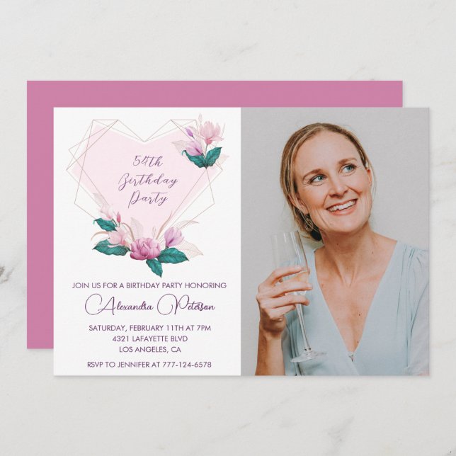 Elegant Boho Pink Floral Photo 54th birthday Invitation (Front/Back)