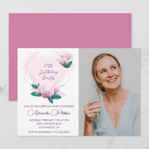 Elegant Boho Pink Floral Photo 57th birthday Invitation