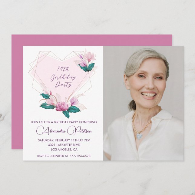Elegant Boho Pink Floral Photo 74th birthday Invitation (Front/Back)