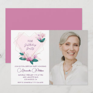 Elegant Boho Pink Floral Photo 76th birthday Invitation