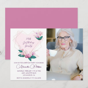 Elegant Boho Pink Floral Photo 97th birthday Invitation
