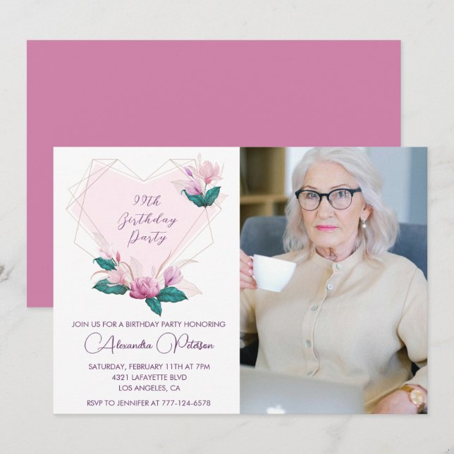 Elegant Boho Pink Floral Photo 99th birthday Invitation (Front/Back)