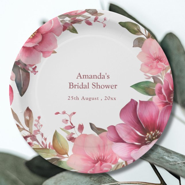 Elegant Boho Pink Flower Wreath Wedding Paper Plate (Creator Uploaded)