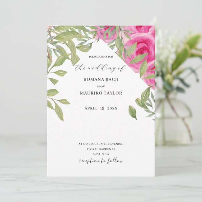 Elegant Boho Pink Roses Watercolor Art Invitation (Standing Front)