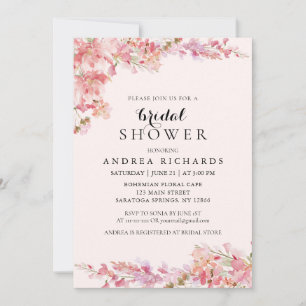 Elegant Boho Pink Watercolor Floral Bridal Shower Invitation