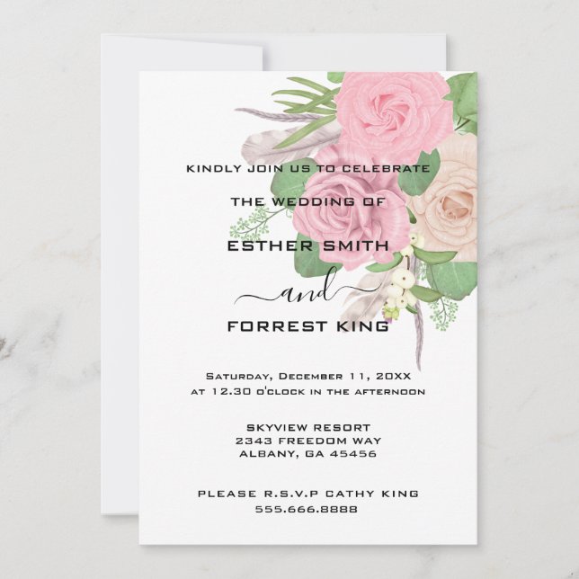 Elegant Boho Pink White Floral Bouquet Wedding Invitation (Front)