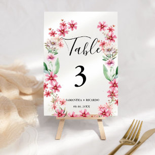 Elegant Boho  Pink Wildflower Wedding  Table Number