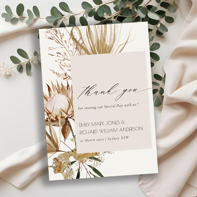 Elegant Boho Protea Dried Palm Floral Wedding Thank You Card (Creator Uploaded)
