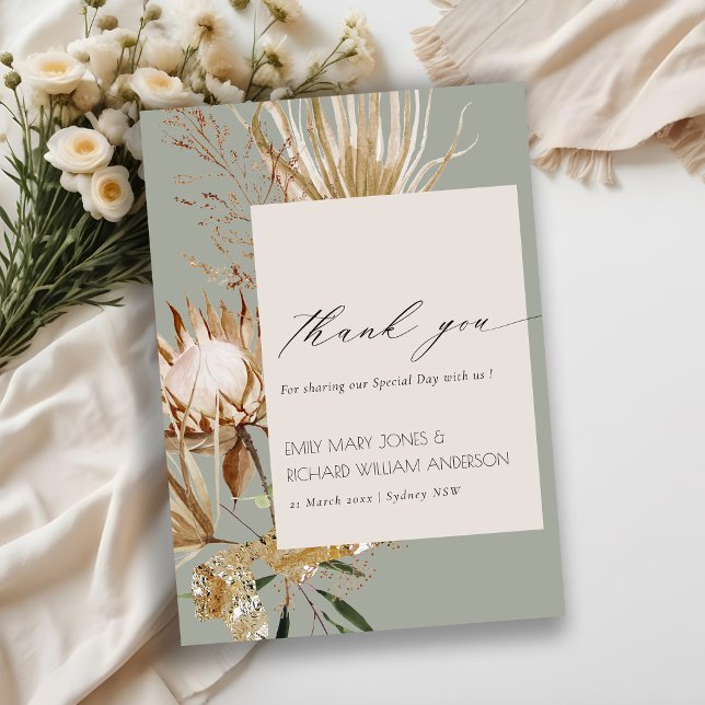 Elegant Boho Protea Dried Palm Floral Wedding Thank You Card (Creator Uploaded)