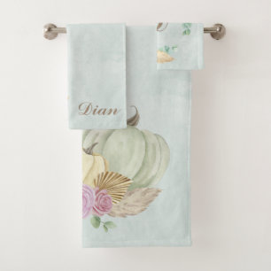 Elegant Boho Pumpkin pampas grass Personalised  Bath Towel Set