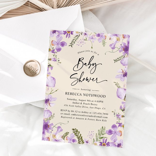 Elegant Boho Purple Florals Girl Baby Shower  Invitation (Creator Uploaded)