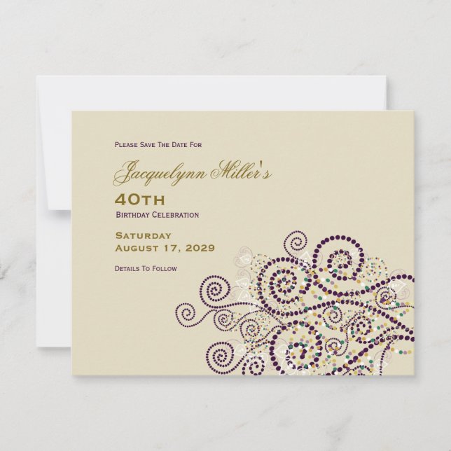 Elegant Boho Purple Spirals Ethnic Adult Birthday Save The Date (Front)