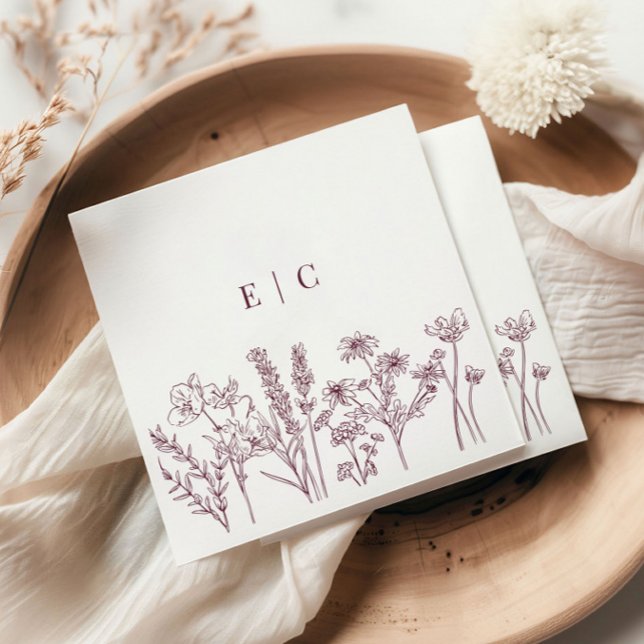 Elegant Boho Purple Wildflower Initial Wedding Napkin (Creator Uploaded)