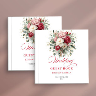Elegant Boho Red Blush Floral Wedding Guest Book