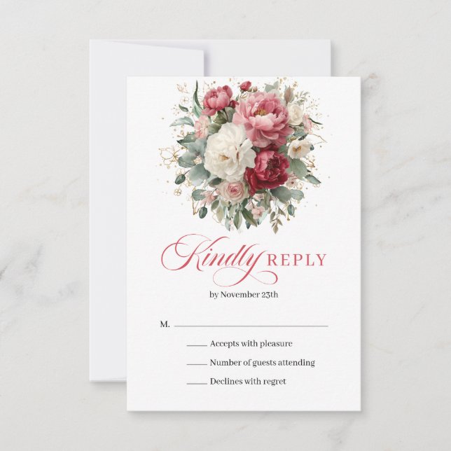 Elegant Boho Red Blush Floral Wedding RSVP Card (Front)