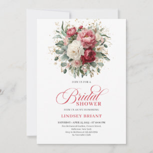 Elegant Boho Red Blush Gold Floral Bridal Shower Invitation