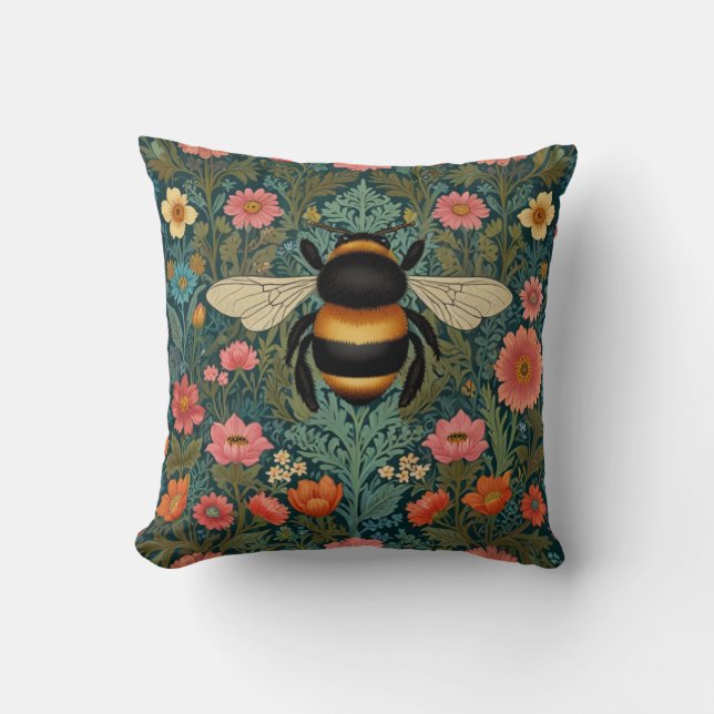 Elegant boho retro bumblebee spring florals  cushion (Front)