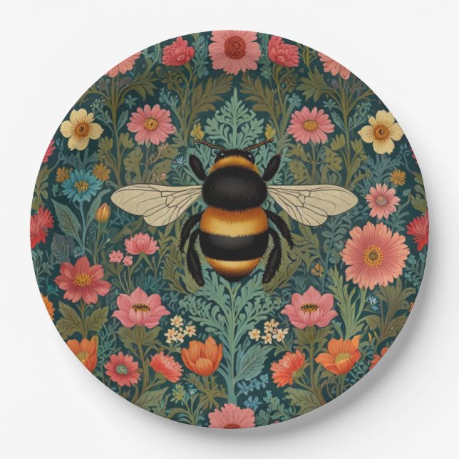 Elegant boho retro bumblebee spring florals  paper plate (Front)