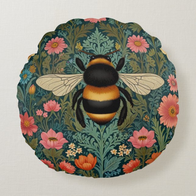 Elegant boho retro bumblebee spring florals  round cushion (Front)