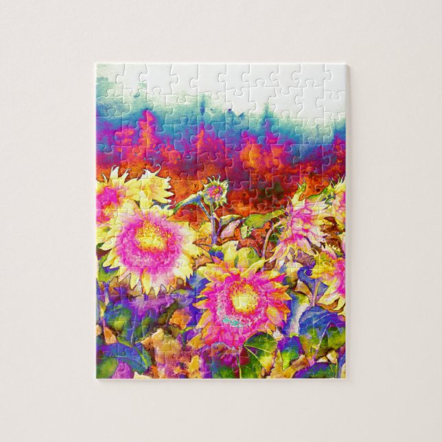 Elegant boho retro sunflowers pink yellow flowers jigsaw puzzle (Vertical)
