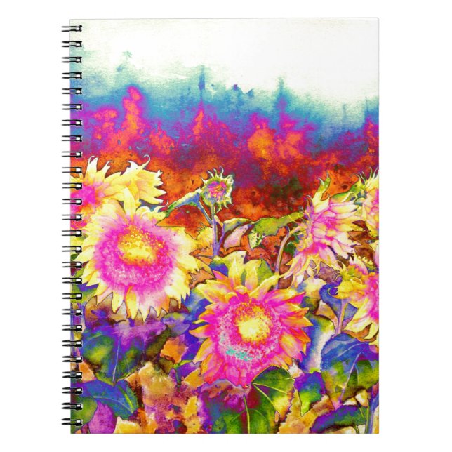 Elegant boho retro sunflowers pink yellow flowers spiral notebook (Front)