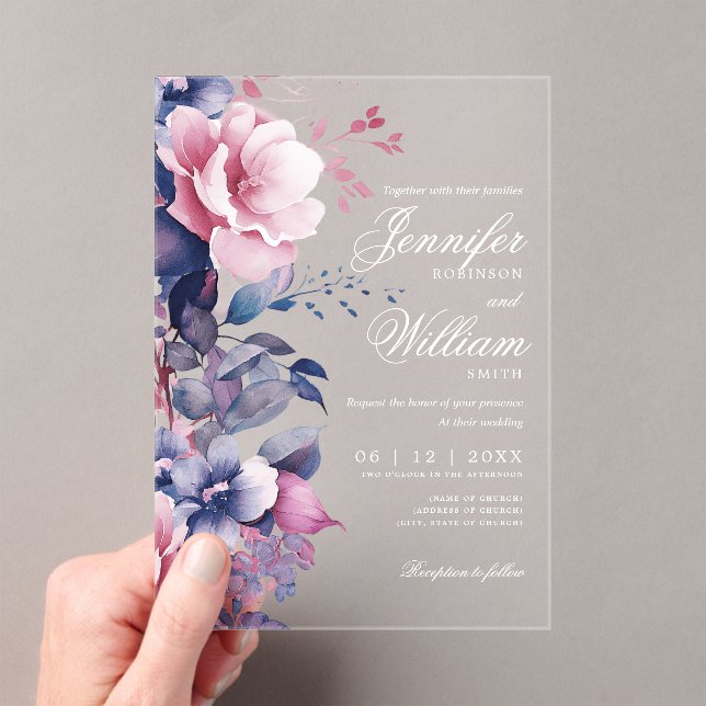 Elegant Boho Romantic Floral Purple Wedding  Acrylic Invitations (Insitu (Handheld))
