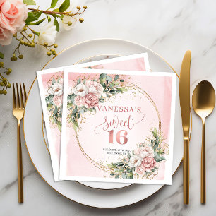 Elegant Boho Rose Gold Floral Sweet 16 Napkins