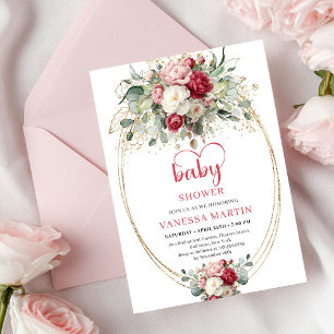 Elegant Boho Ruby Blush Gold Floral Baby Shower  Invitation