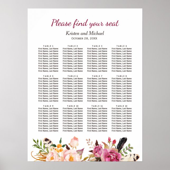Elegant Boho Rustic Floral Wedding Seating Chart (Front)