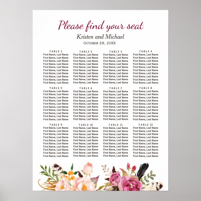 Elegant Boho Rustic Floral Wedding Seating Chart (Front)