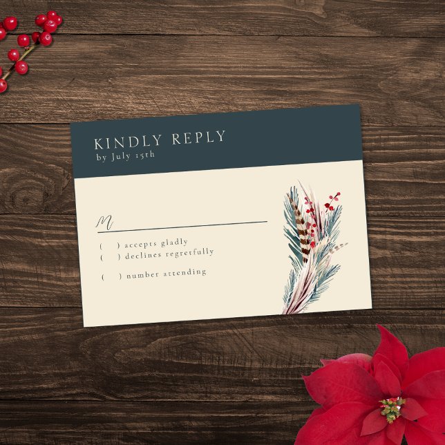 Elegant Boho Rustic Pampas & Pine Green Tan Red RSVP Card (Creator Uploaded)