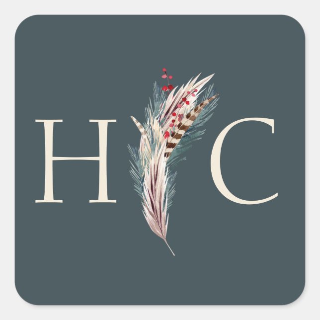 Elegant Boho Rustic Pampas & Pine Green Tan Red Square Sticker (Front)