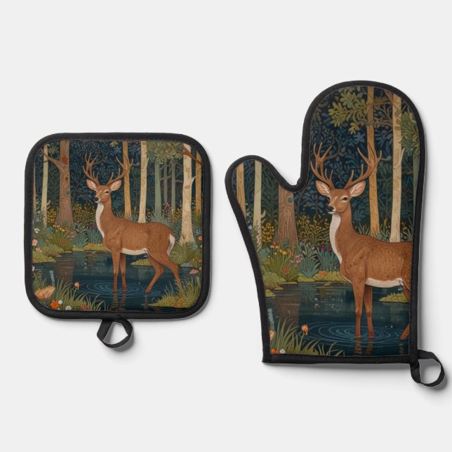 Elegant boho rustic woodland deer  oven mitt & pot holder set (Front)