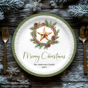 Elegant Boho Scandinavian Cozy Pine Wreath Holiday Paper Plate