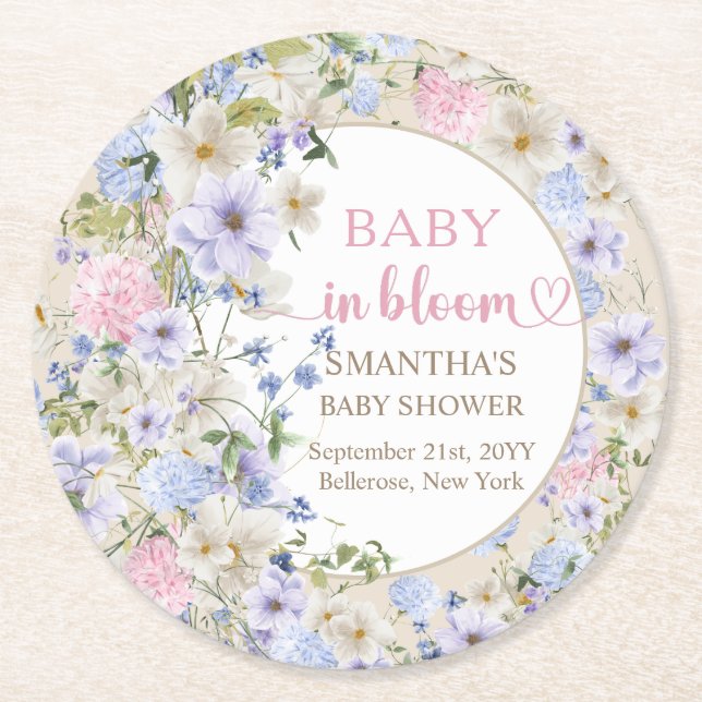 Elegant Boho spring blush Wildflower Baby Shower  Round Paper Coaster (Front)