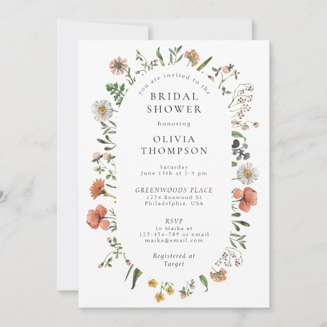 Elegant Boho Spring Wildflower Arch Bridal Shower Invitation (Front)