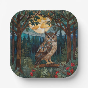 Elegant boho stain glass owl woodland forest paper plate