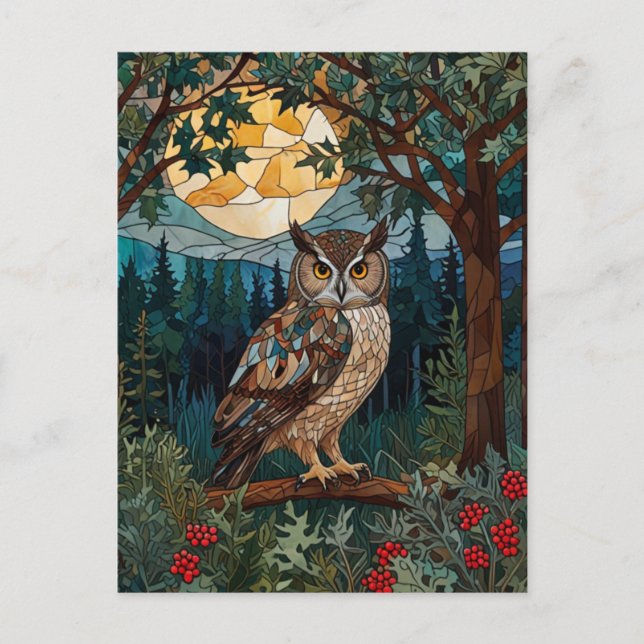 Elegant boho stain glass owl woodland forest postcard (Front)