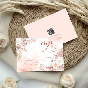 Elegant Boho Style Pink Rose Floral QR code RSVP Card