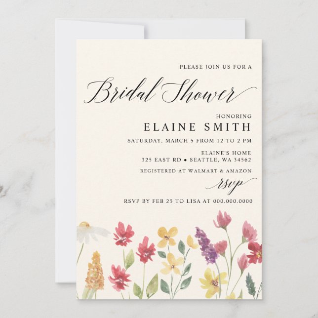 Elegant Boho Summer Wildflowers Bridal Shower Invitation (Front)