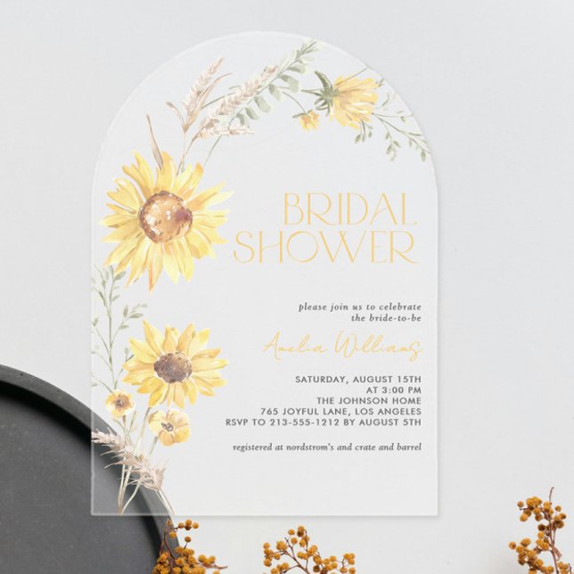 Elegant Boho Sunflower Botanical Bridal Shower Acrylic Invitations (Creator Uploaded)