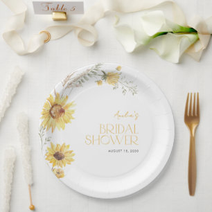 Elegant Boho Sunflower Botanical Bridal Shower Paper Plate