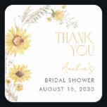Elegant Boho Sunflower Bridal Shower Thank You Square Sticker<br><div class="desc">A graceful finish to your heartfelt gathering. This sunflower thank you sticker blends rustic botanical charm with refined simplicity—perfect for sealing favour bags, wine bottles, or keepsake boxes. The sun-washed palette and elegant typography quietly communicate gratitude, making each guest feel thoughtfully remembered. A subtle yet elevated detail for the bride...</div>