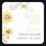 Elegant Boho Sunflower Bridal Shower Thank You Square Sticker<br><div class="desc">A graceful finish to your heartfelt gathering. This sunflower thank you sticker blends rustic botanical charm with refined simplicity—perfect for sealing favour bags, wine bottles, or keepsake boxes. The sun-washed palette and elegant typography quietly communicate gratitude, making each guest feel thoughtfully remembered. A subtle yet elevated detail for the bride...</div>