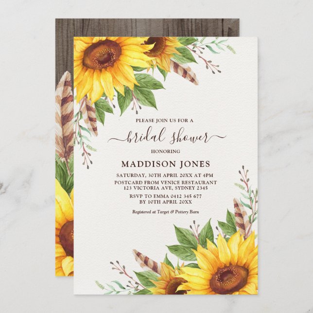 Elegant Boho Sunflower Rustic Summer Bridal Shower Invitation (Front/Back)