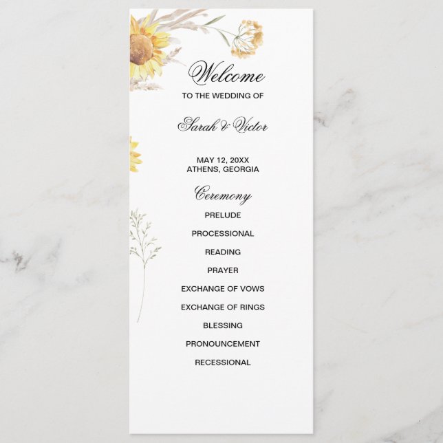 Elegant Boho Sunflowers double side program card  (Front)