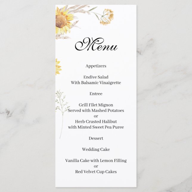 Elegant Boho sunflowers floral  Menu (Front)