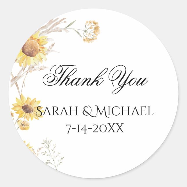 Elegant Boho Sunflowers Wedding Stickers (Front)