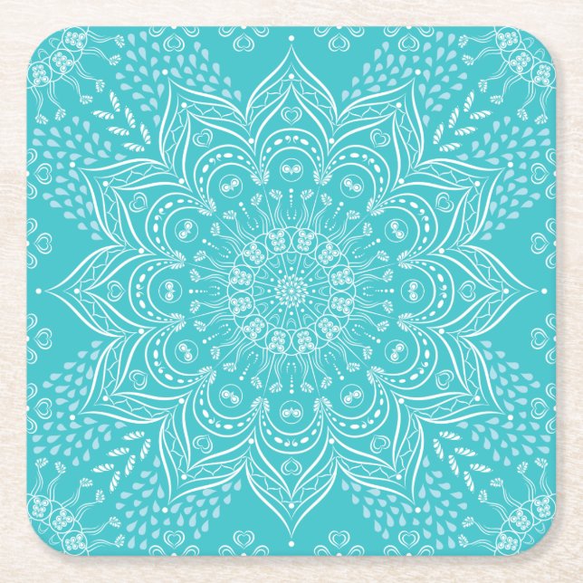 Elegant Boho Teal Blue Mandala Coasters (Front)